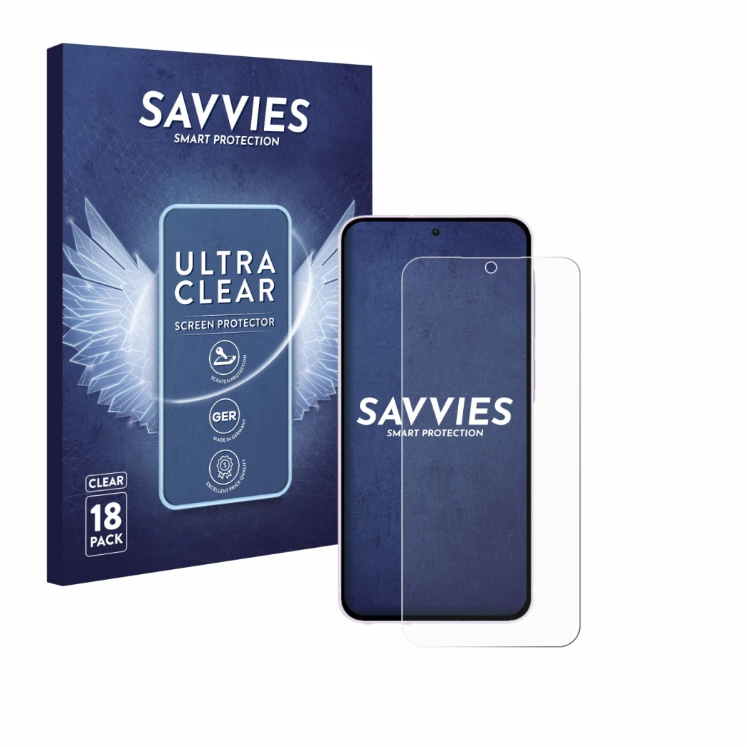 Vorderseite einer Produktverpackung mit dem Markenlogo Savvies. Daneben ist das Gerät Samsung Galaxy A56 5G (case-friendly) mi