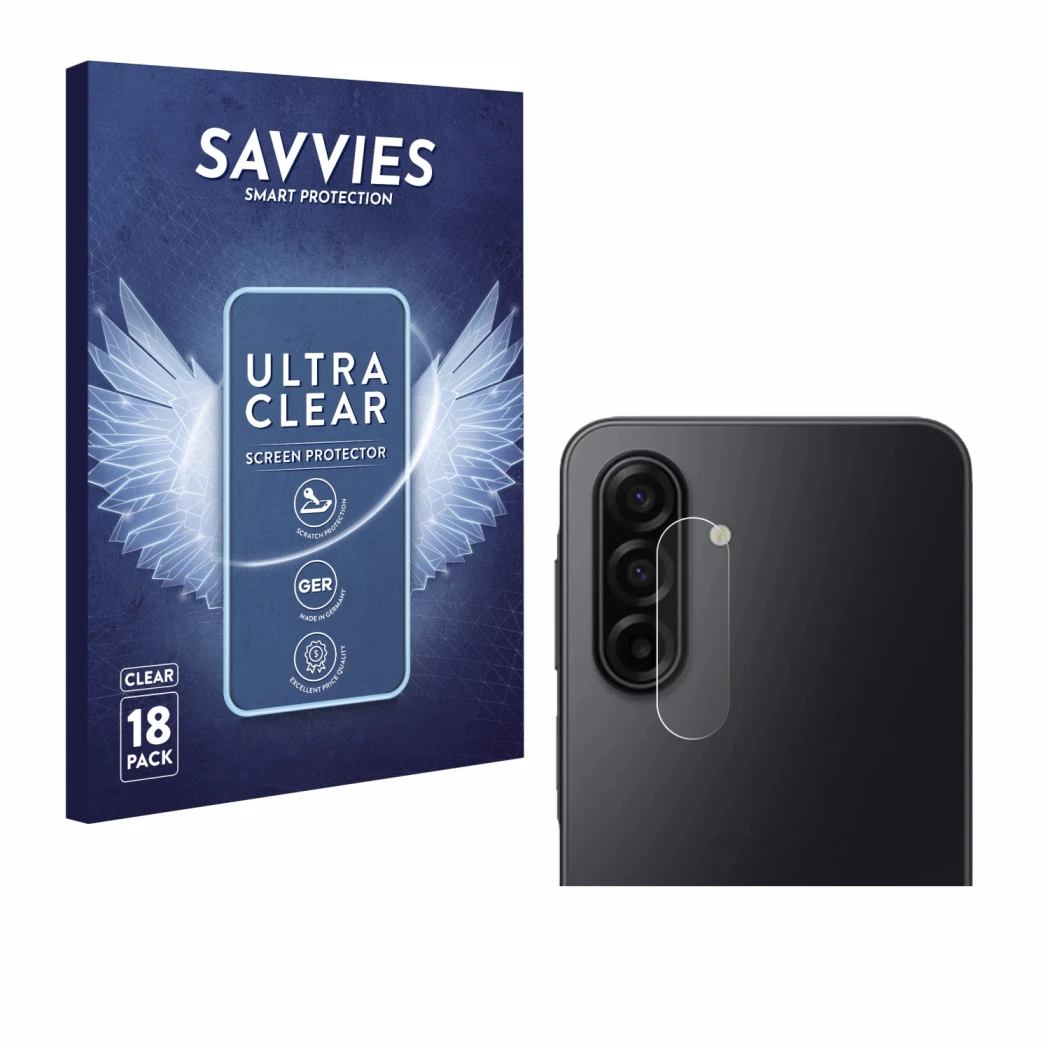Vorderseite einer Produktverpackung mit dem Markenlogo Savvies. Daneben ist das Gerät Samsung Galaxy A17 5G (NUR Kameraschutz)