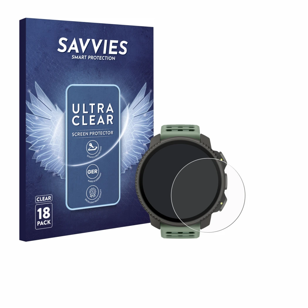 Vorderseite einer Produktverpackung mit dem Markenlogo Savvies. Daneben ist das Gerät Suunto Vertical 2 mit dem zugehörigen Di