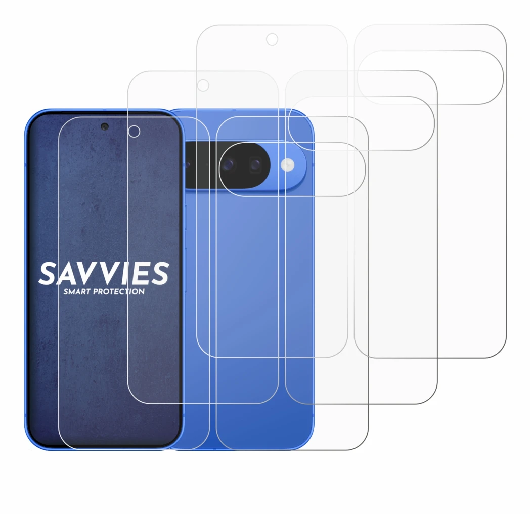 Abbildung des Geräts Google Pixel 10 (Display+Rückseite) mit einer Vielzahl des Displayschutzes.