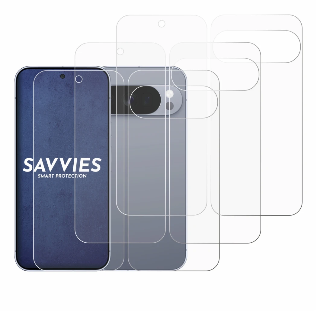 Abbildung des Geräts Google Pixel 10 Pro (Display+Rückseite) mit einer Vielzahl des Displayschutzes.