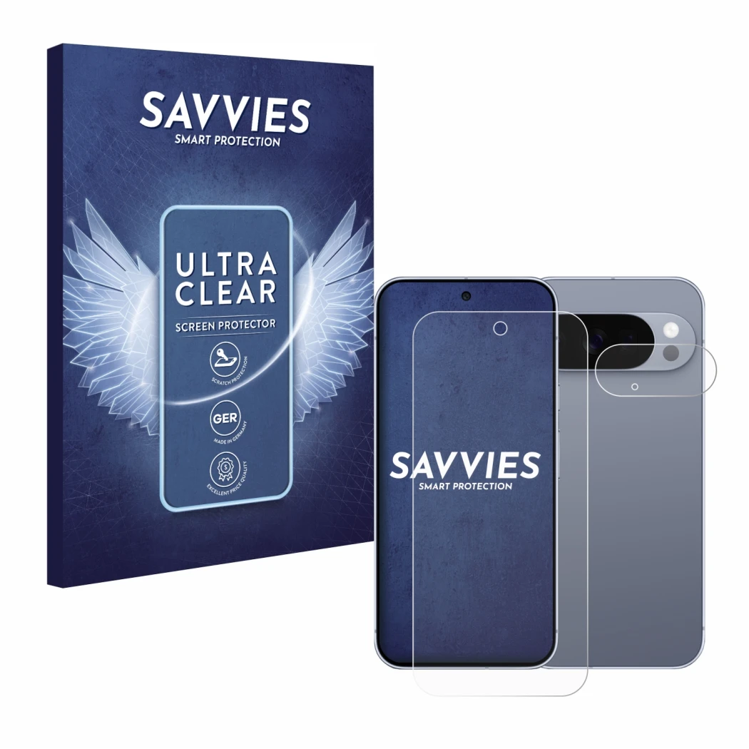 Vorderseite einer Produktverpackung mit dem Markenlogo Savvies. Daneben ist das Gerät Google Pixel 10 Pro (Display+Kamera) mit