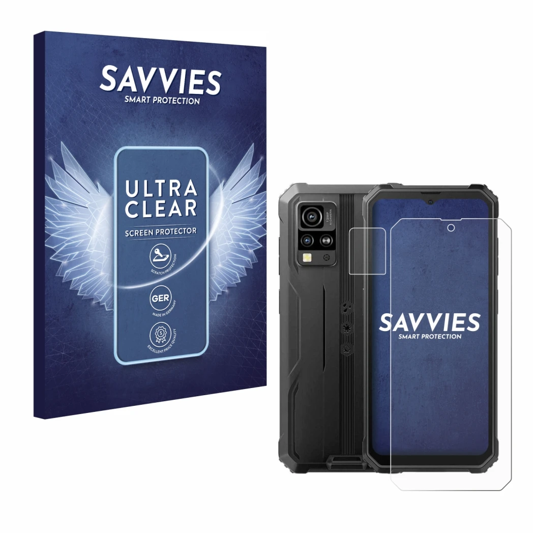 Vorderseite einer Produktverpackung mit dem Markenlogo Savvies. Daneben ist das Gerät Blackview BV4800 (Display+Kamera) mit de