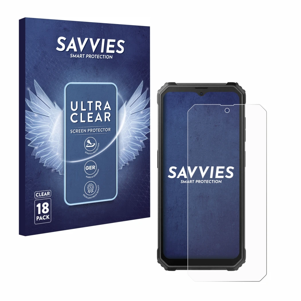 Vorderseite einer Produktverpackung mit dem Markenlogo Savvies. Daneben ist das Gerät Blackview BV4800 SE mit dem zugehörigen 