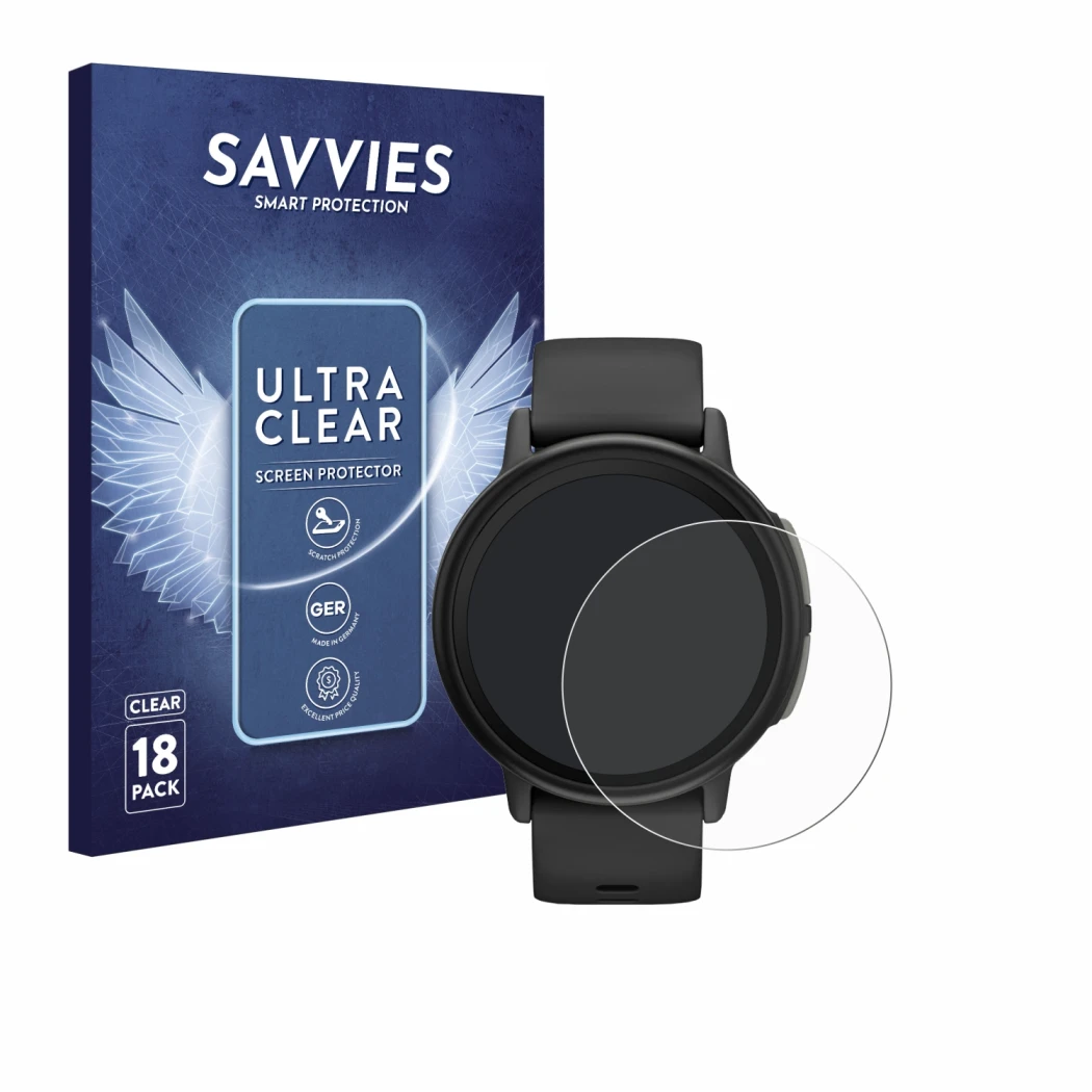 Vorderseite einer Produktverpackung mit dem Markenlogo Savvies. Daneben ist das Gerät Garmin Bounce 2 mit dem zugehörigen Disp