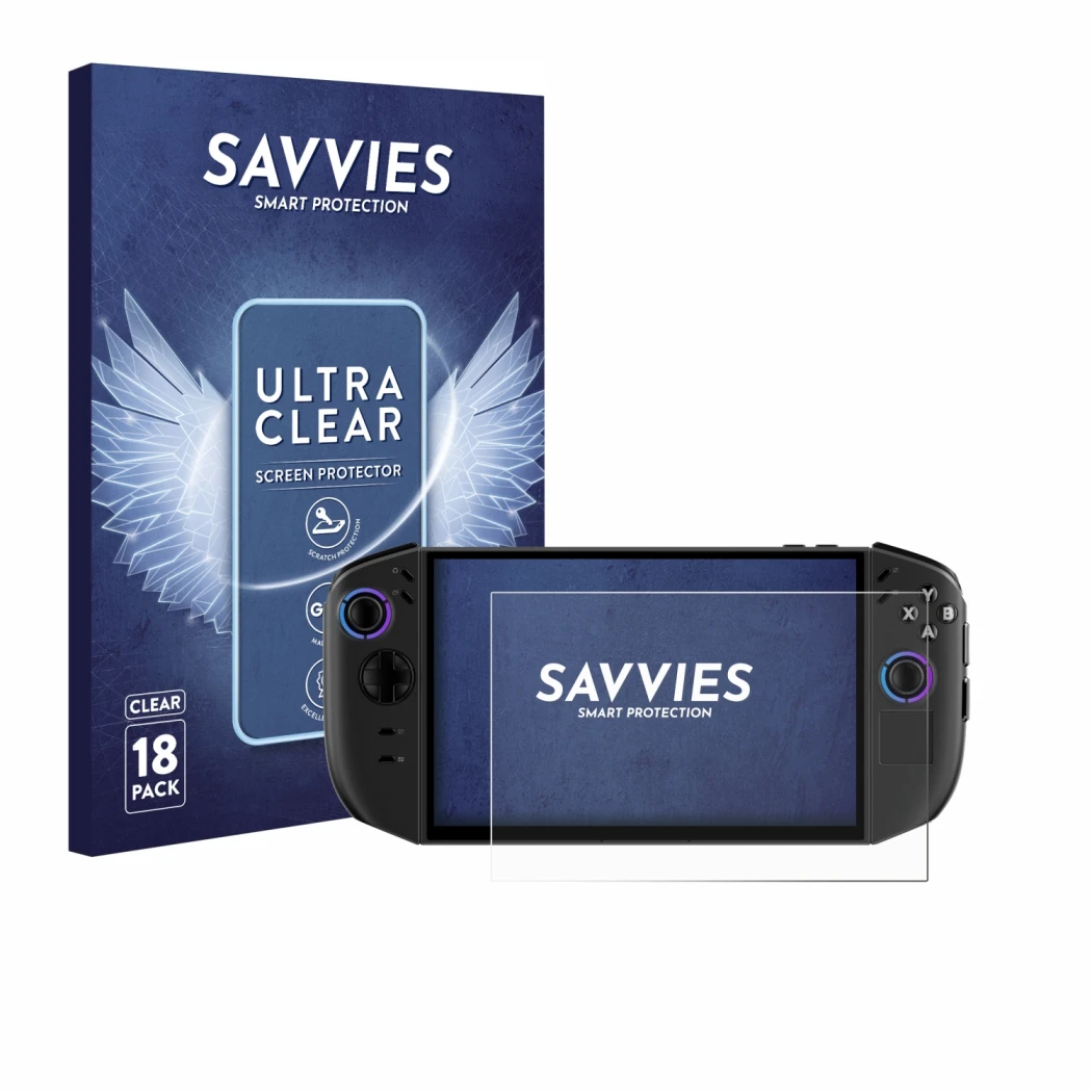 Vorderseite einer Produktverpackung mit dem Markenlogo Savvies. Daneben ist das Gerät Lenovo Legion Go Gen 2 mit dem zugehörig