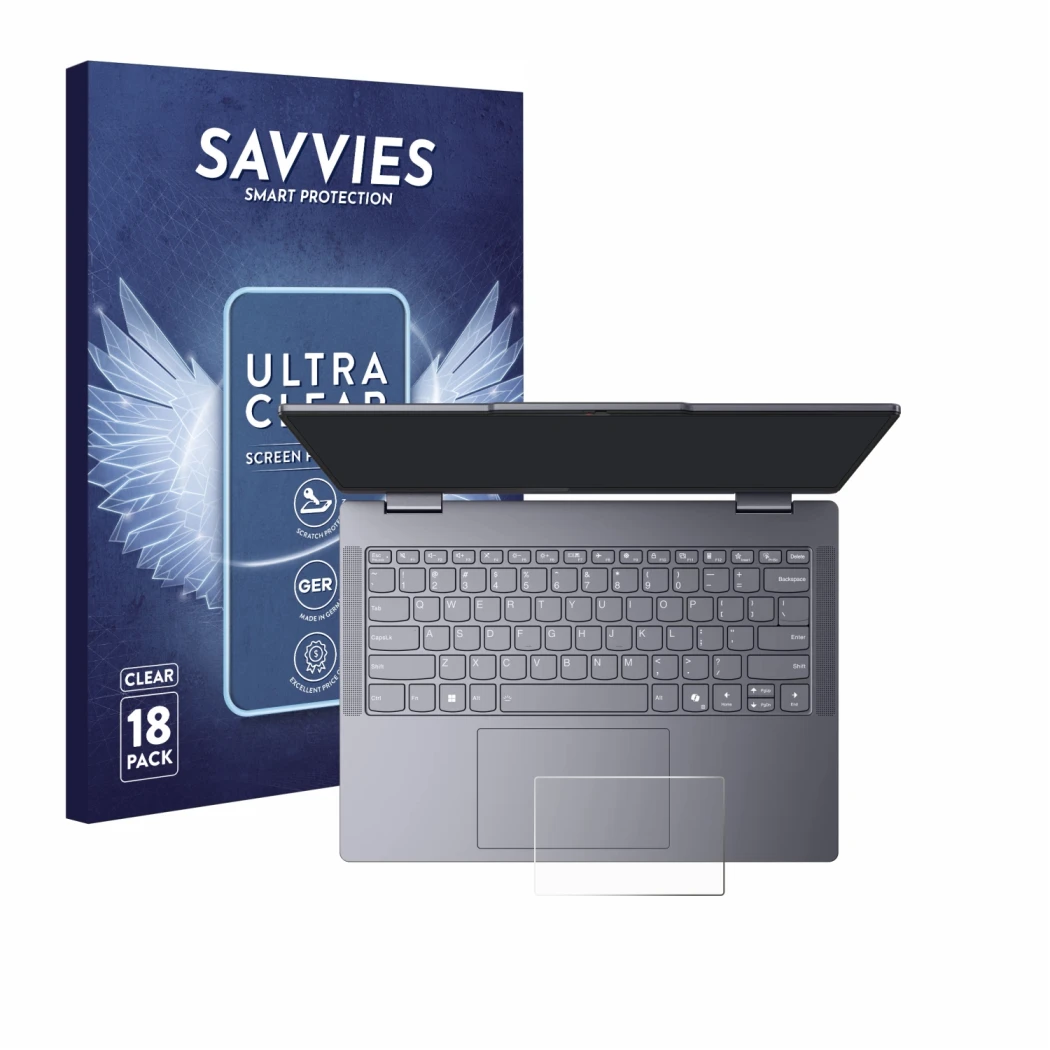 Vorderseite einer Produktverpackung mit dem Markenlogo Savvies. Daneben ist das Gerät Lenovo IdeaPad 5 2-in-1 14