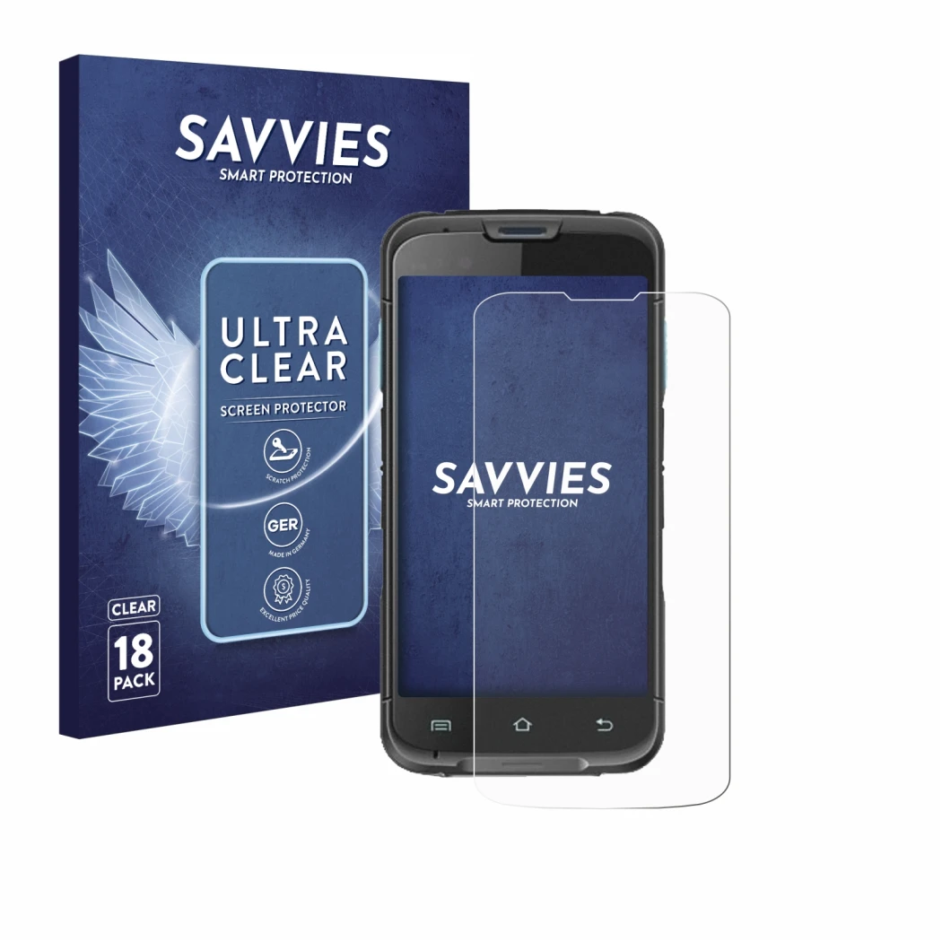 Vorderseite einer Produktverpackung mit dem Markenlogo Savvies. Daneben ist das Gerät Unitech EA602 mit dem zugehörigen Displa