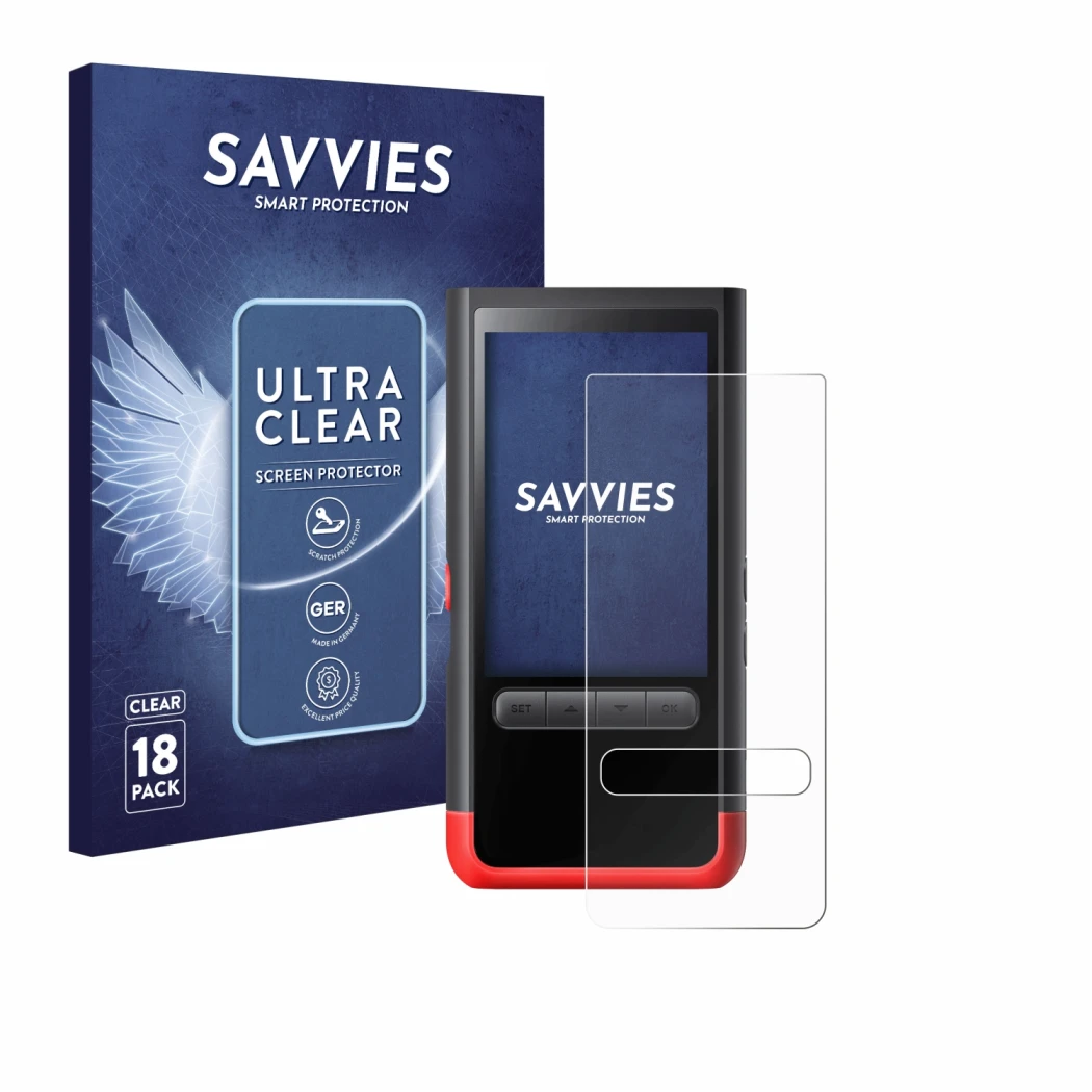 Vorderseite einer Produktverpackung mit dem Markenlogo Savvies. Daneben ist das Gerät ThermoMaven P2 mit dem zugehörigen Displ