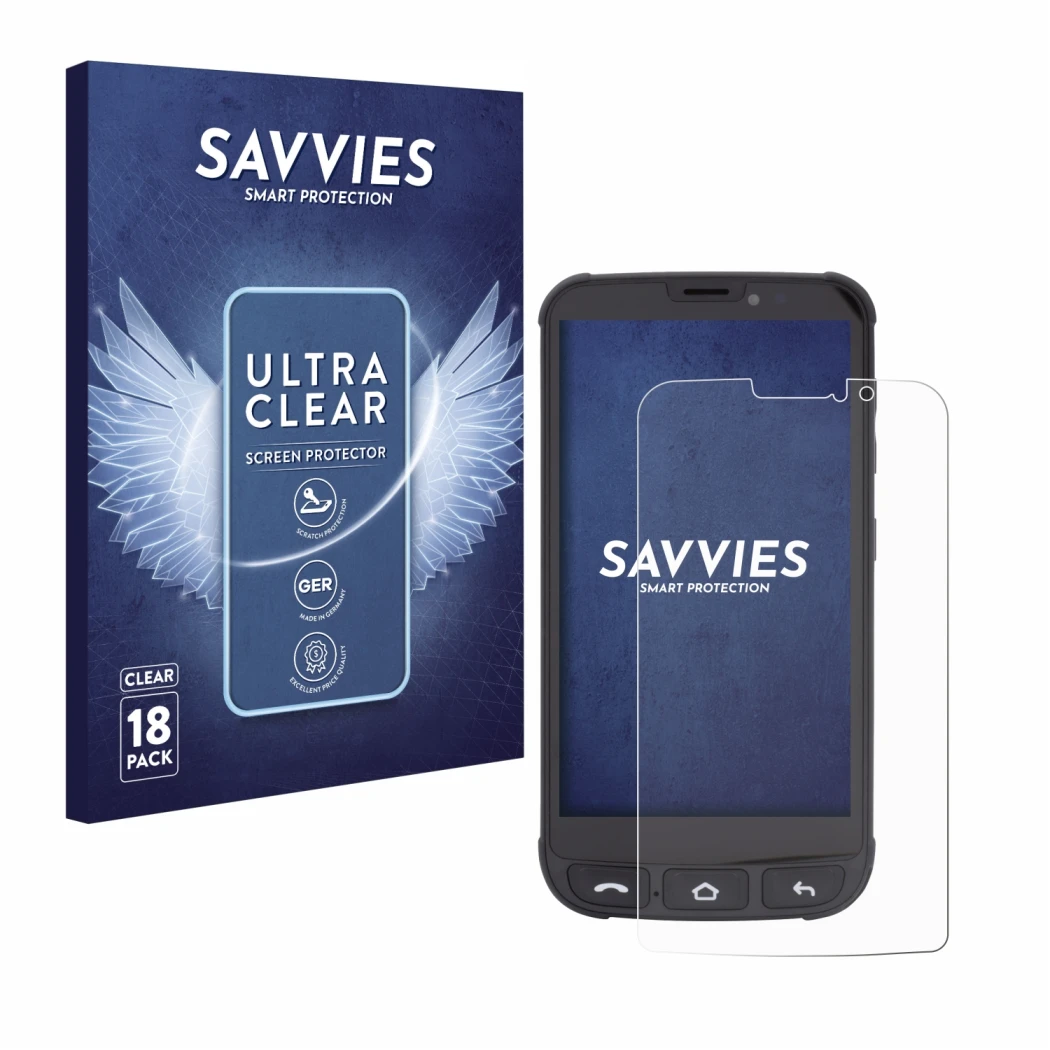 Vorderseite einer Produktverpackung mit dem Markenlogo Savvies. Daneben ist das Gerät Olympia Neo Mini mit dem zugehörigen Dis