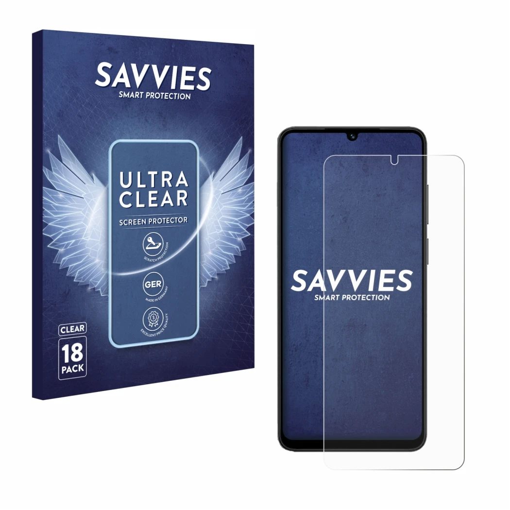 Vorderseite einer Produktverpackung mit dem Markenlogo Savvies. Daneben ist das Gerät Honor X5c Plus mit dem zugehörigen Displ