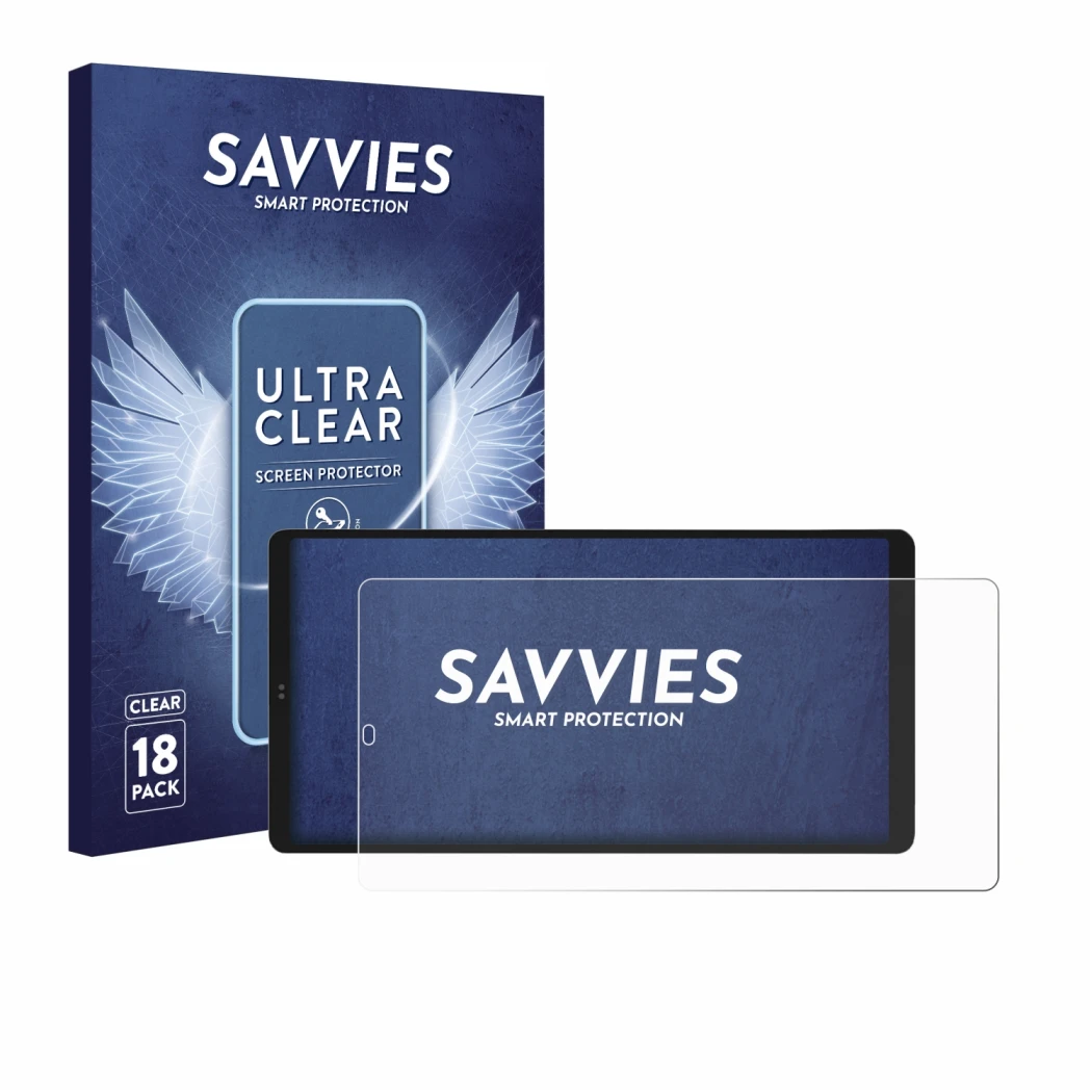 Vorderseite einer Produktverpackung mit dem Markenlogo Savvies. Daneben ist das Gerät Shelly Wall Display X2i mit dem zugehöri