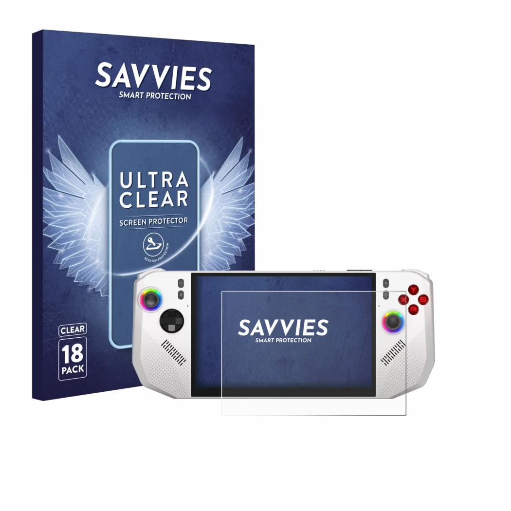 Vorderseite einer Produktverpackung mit dem Markenlogo Savvies. Daneben ist das Gerät MSI Claw A8 BZ2EM mit dem zugehörigen Di