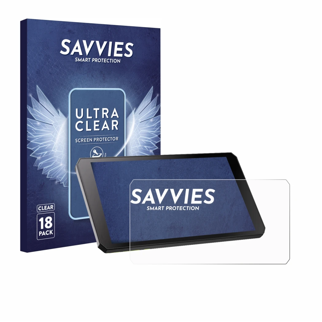 Vorderseite einer Produktverpackung mit dem Markenlogo Savvies. Daneben ist das Gerät RiderNav R7M mit dem zugehörigen Display