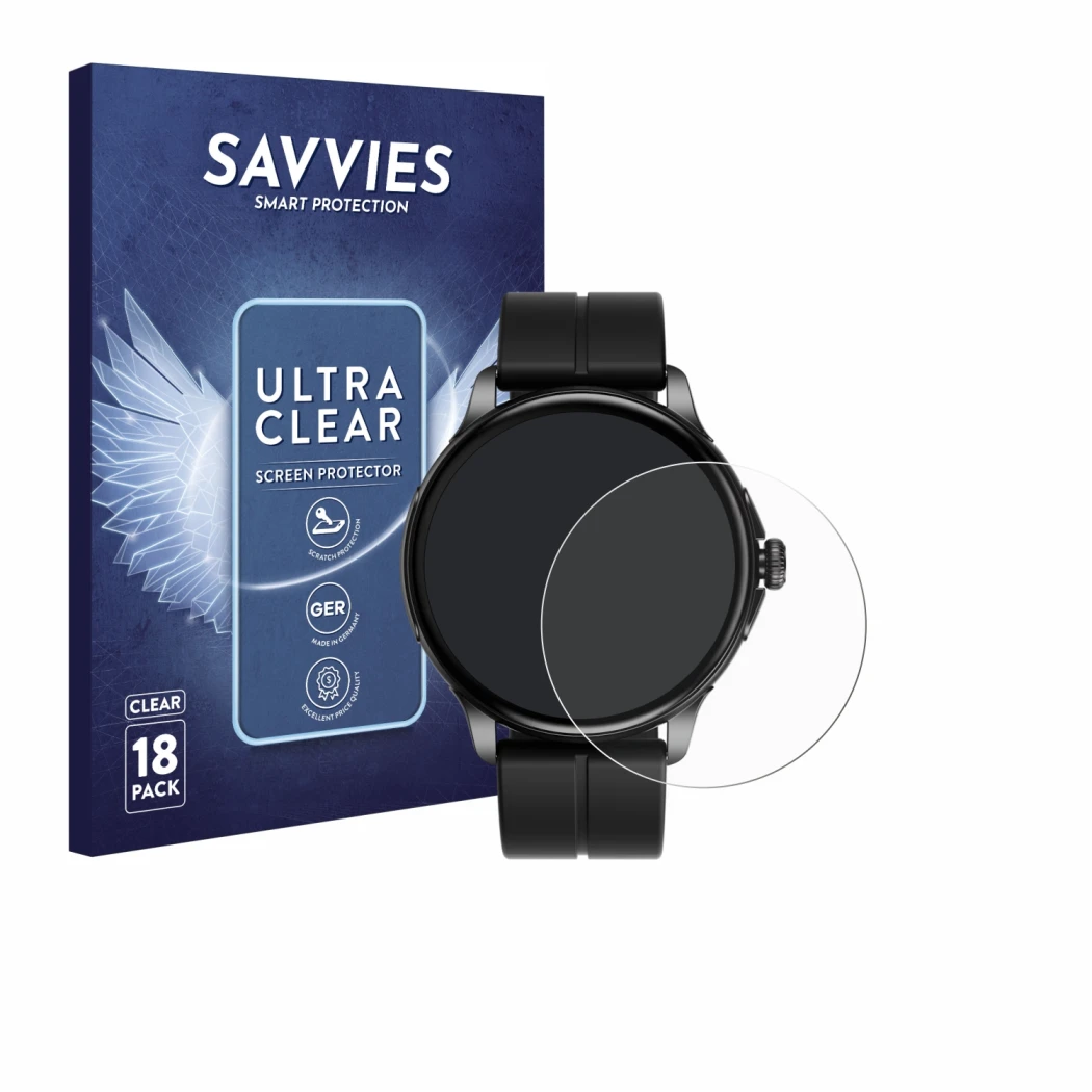 Vorderseite einer Produktverpackung mit dem Markenlogo Savvies. Daneben ist das Gerät HMD Watch X1 mit dem zugehörigen Display