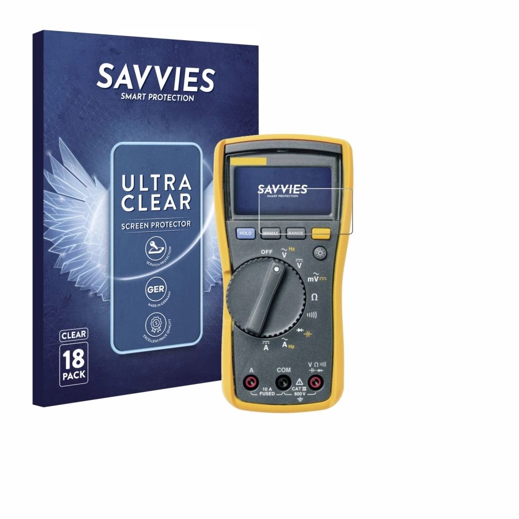 Vorderseite einer Produktverpackung mit dem Markenlogo Savvies. Daneben ist das Gerät Fluke MultiMeter 115 mit dem zugehörigen