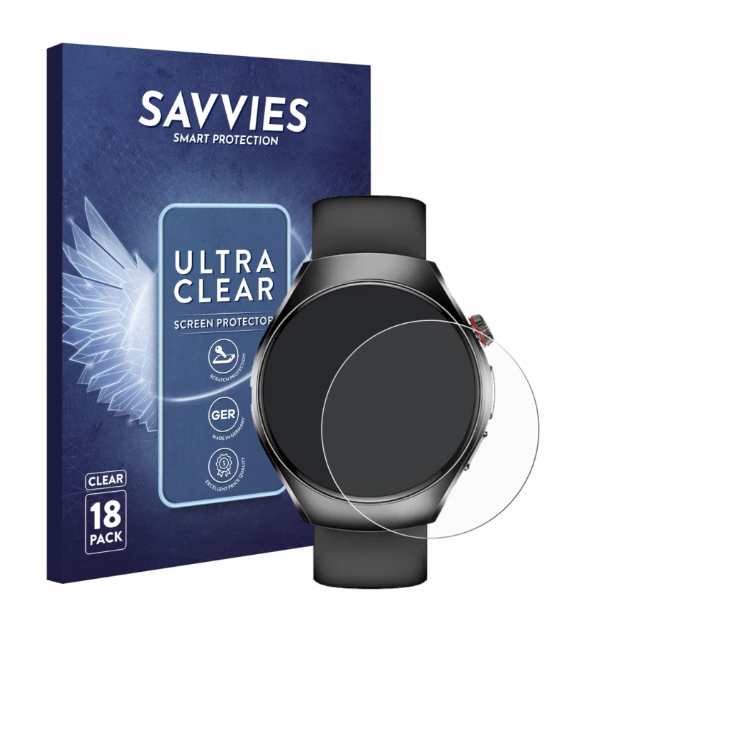 Vorderseite einer Produktverpackung mit dem Markenlogo Savvies. Daneben ist das Gerät Smartwatch ET460 1.47