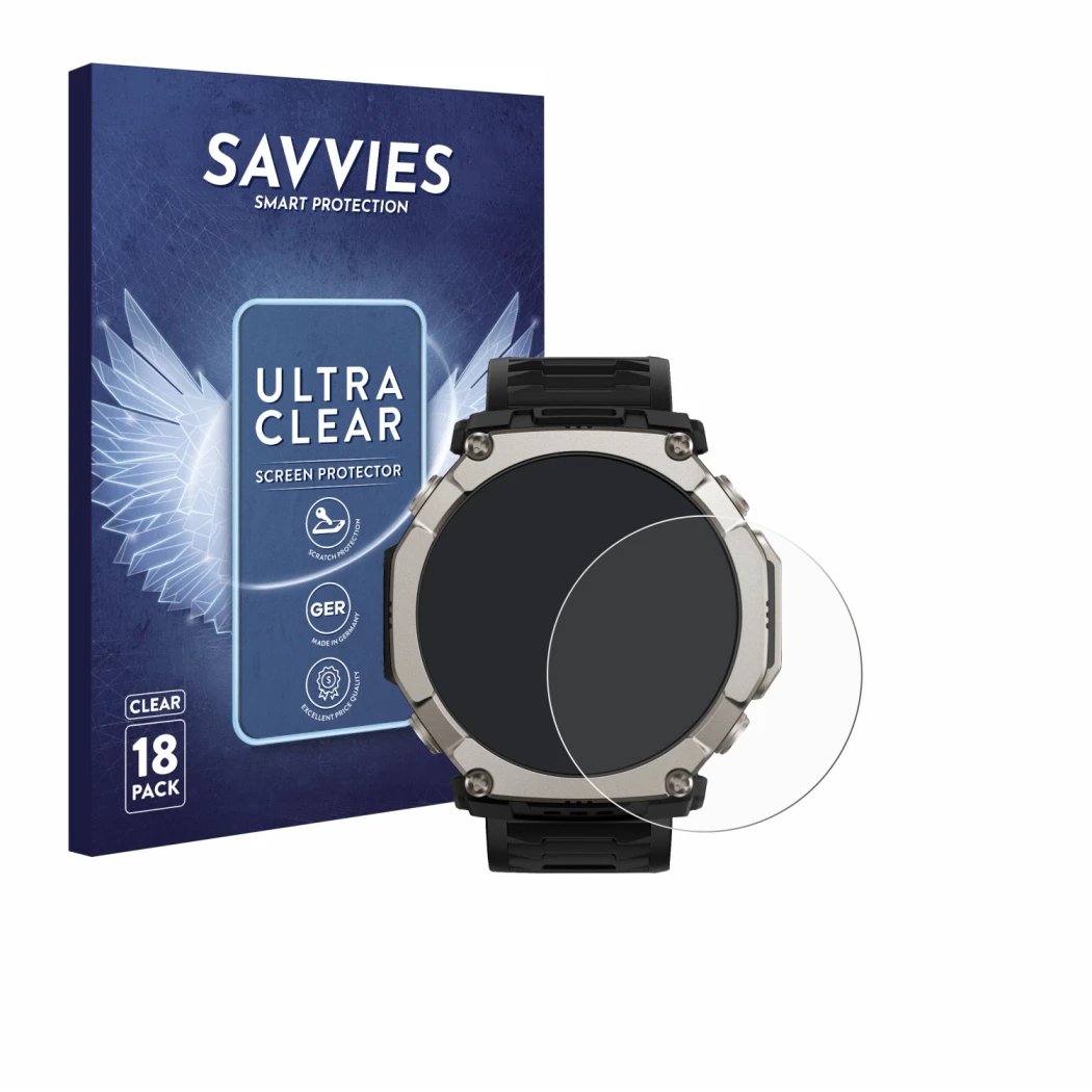Vorderseite einer Produktverpackung mit dem Markenlogo Savvies. Daneben ist das Gerät Huami Amazfit T-Rex Ultra 2 mit dem zuge