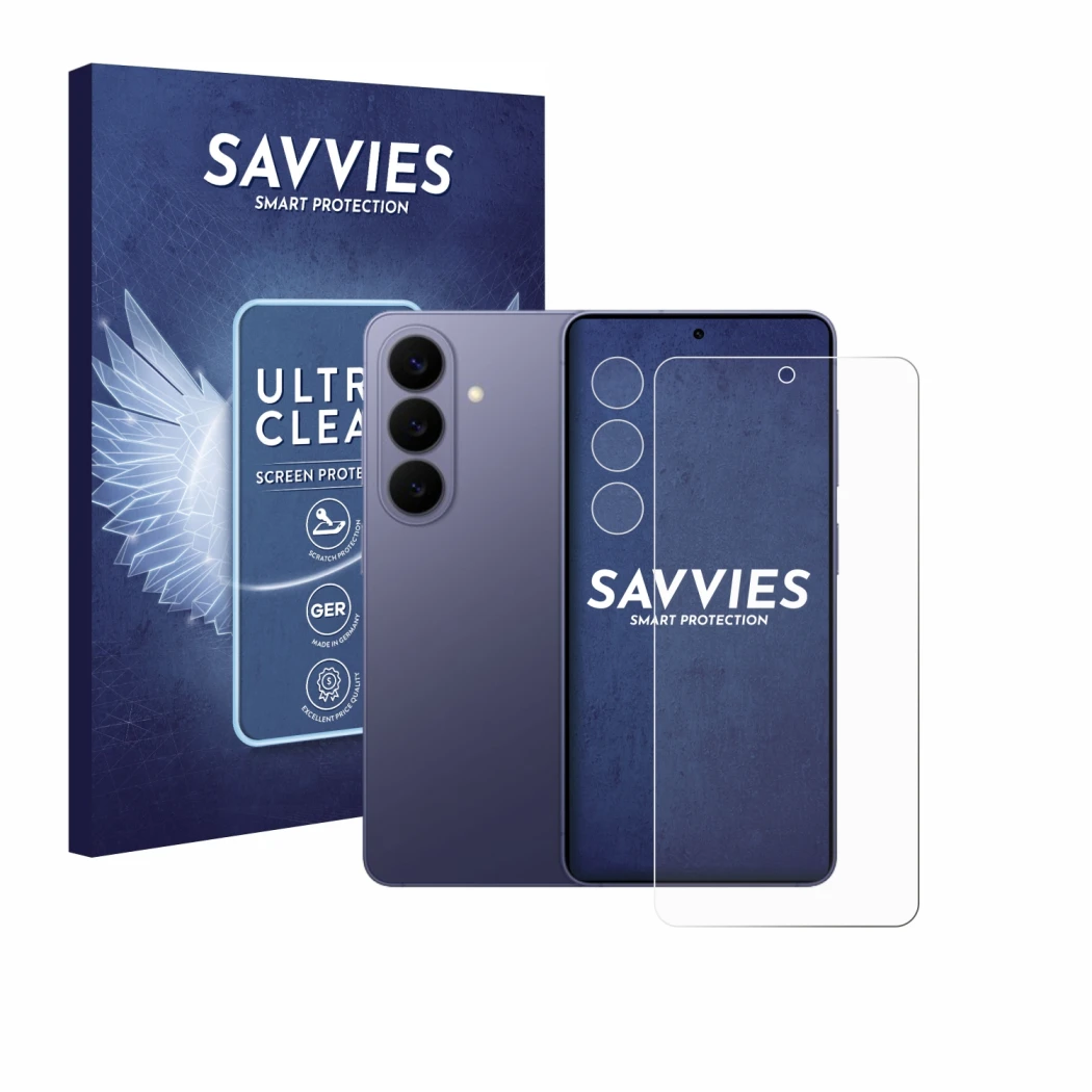 Vorderseite einer Produktverpackung mit dem Markenlogo Savvies. Daneben ist das Gerät Samsung Galaxy S26 (Display+Kamera) mit 