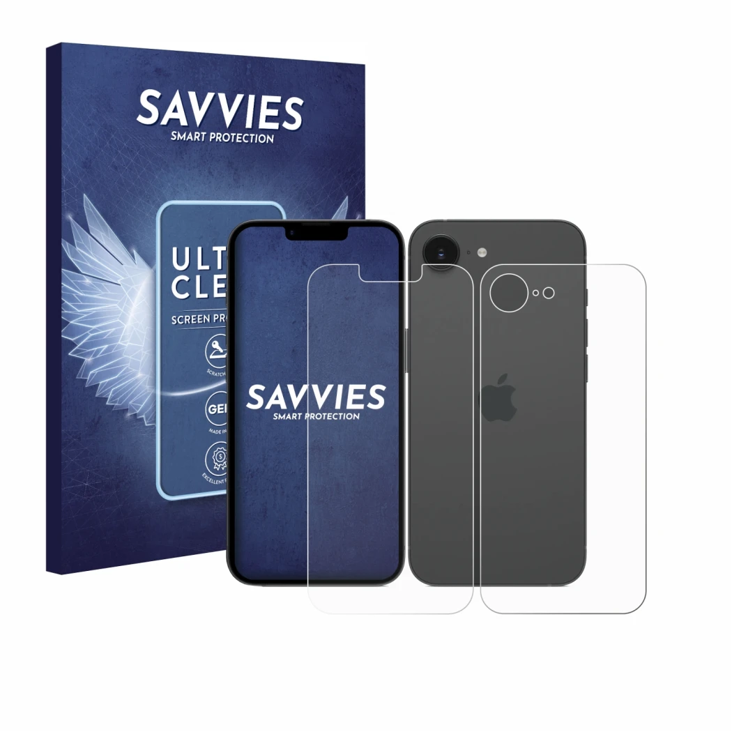 Vorderseite einer Produktverpackung mit dem Markenlogo Savvies. Daneben ist das Gerät Apple iPhone 17e (Display+Rückseite) mit
