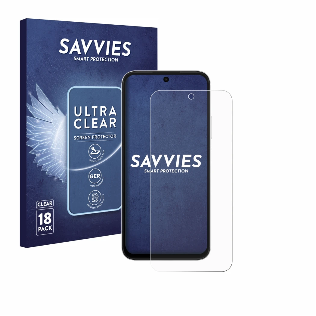 Vorderseite einer Produktverpackung mit dem Markenlogo Savvies. Daneben ist das Gerät Oppo A6s 4G mit dem zugehörigen Displays