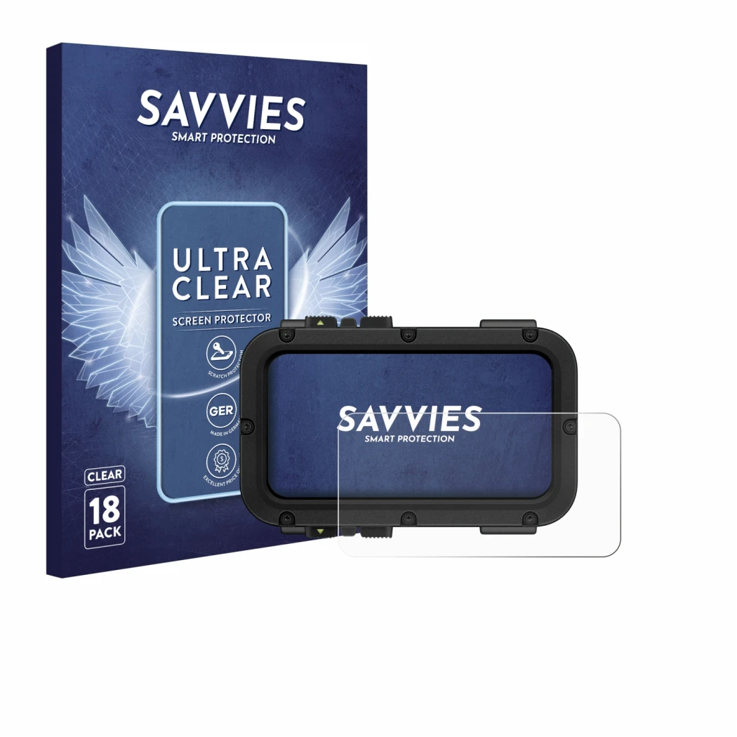 Vorderseite einer Produktverpackung mit dem Markenlogo Savvies. Daneben ist das Gerät Suunto Nautic mit dem zugehörigen Displa