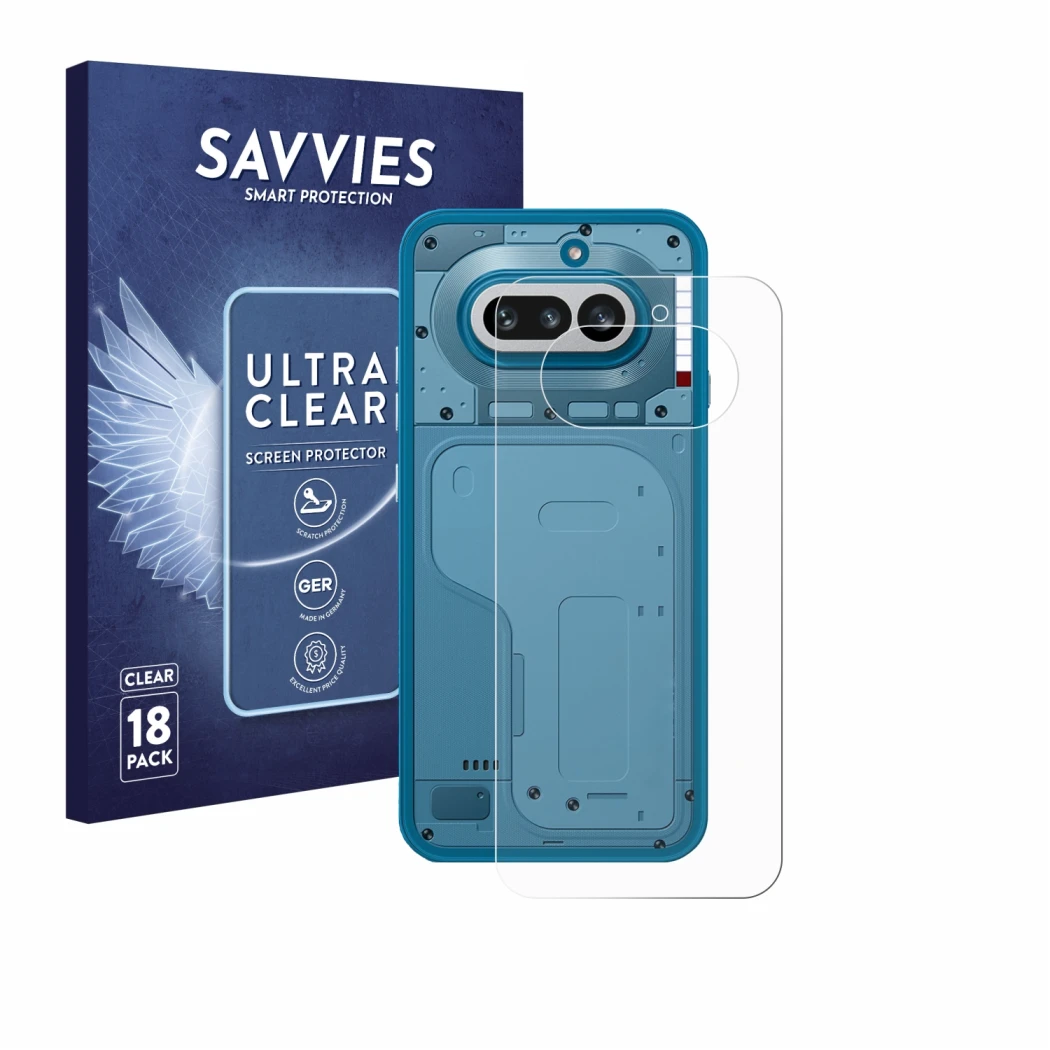 Vorderseite einer Produktverpackung mit dem Markenlogo Savvies. Daneben ist das Gerät Nothing Phone (4a) (Rückseite) mit dem z