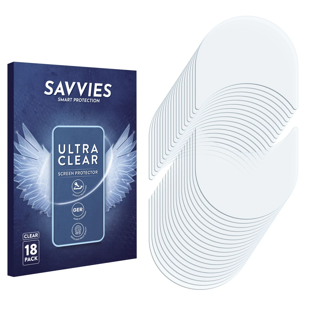 Vorderseite einer Produktverpackung mit dem Markenlogo Savvies. Daneben ist der zugehörige Displayschutz.