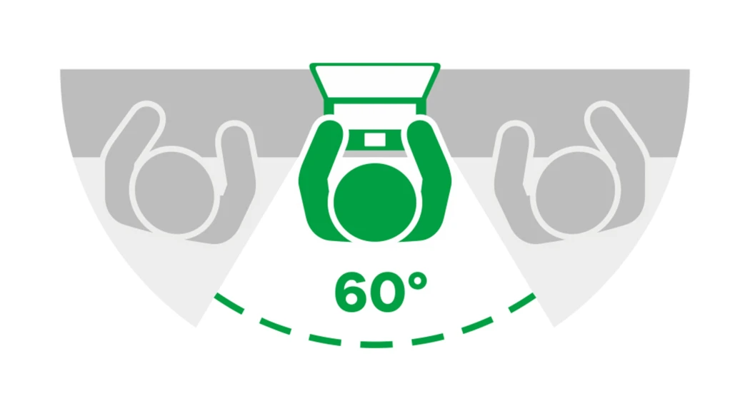 Symbolbild mit dem Gerät und Sichtschutz: 60° sichtbarer Bereich, seitlich je 30° blockiert.