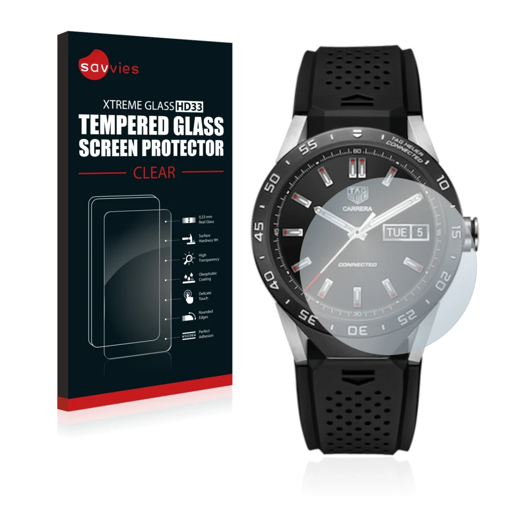 Vorderseite einer Produktverpackung mit dem Markenlogo Savvies. Daneben ist das Gerät TAG Heuer Connected 46 mit dem zugehörig