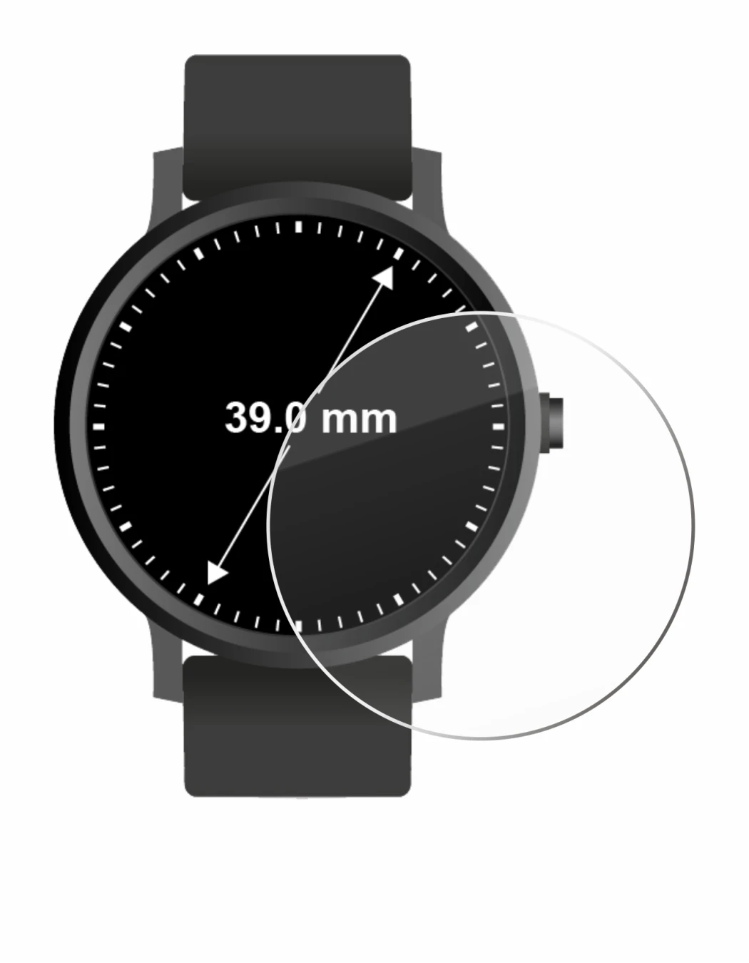 Abbildung des Geräts Kreisrunde Displays (ø: 39 mm) mit einer Vielzahl des Displayschutzes.