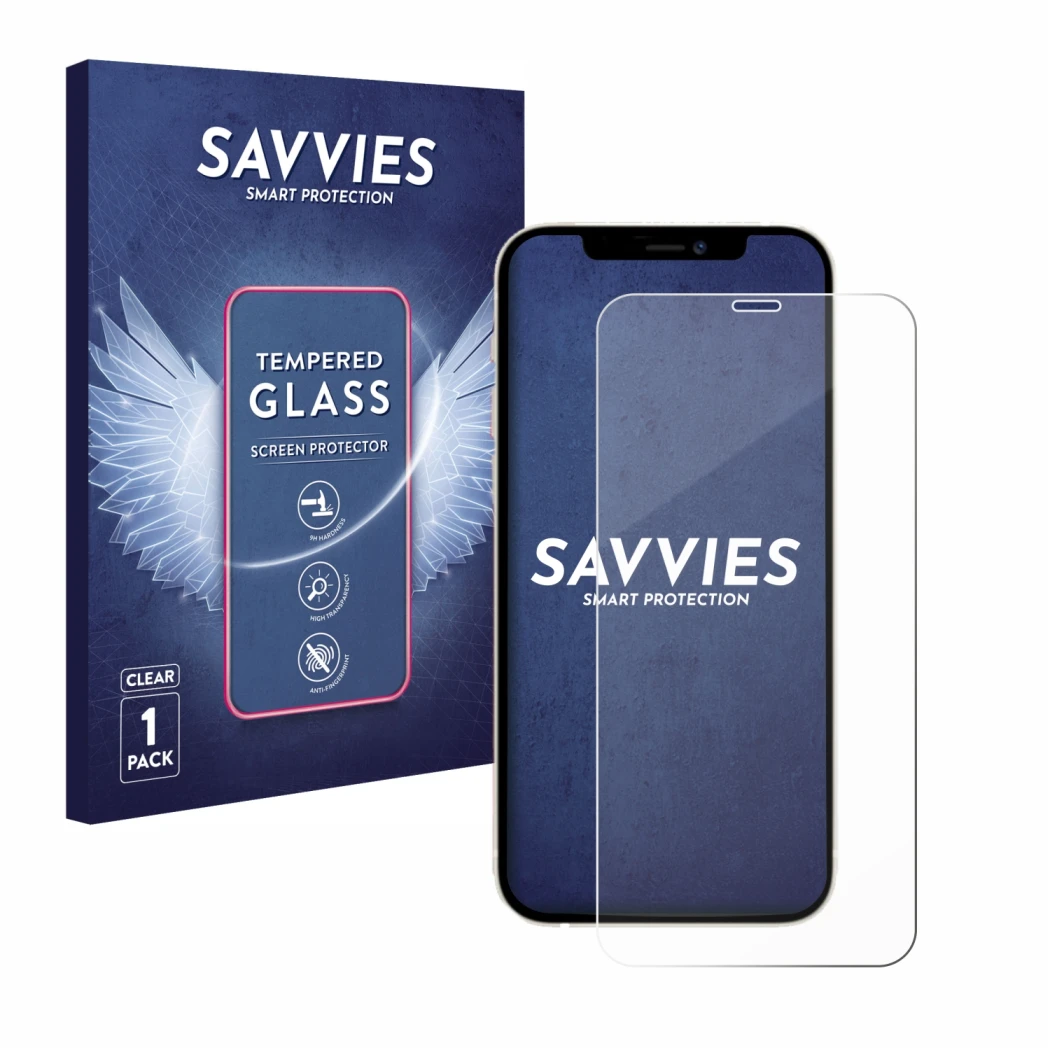 Vorderseite einer Produktverpackung mit dem Markenlogo Savvies. Daneben ist das Gerät Apple iPhone 12 Pro mit dem zugehörigen 