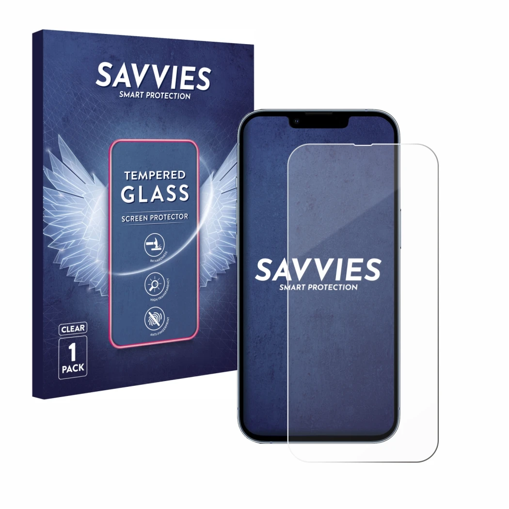 Vorderseite einer Produktverpackung mit dem Markenlogo Savvies. Daneben ist das Gerät Apple iPhone 13 Pro mit dem zugehörigen 