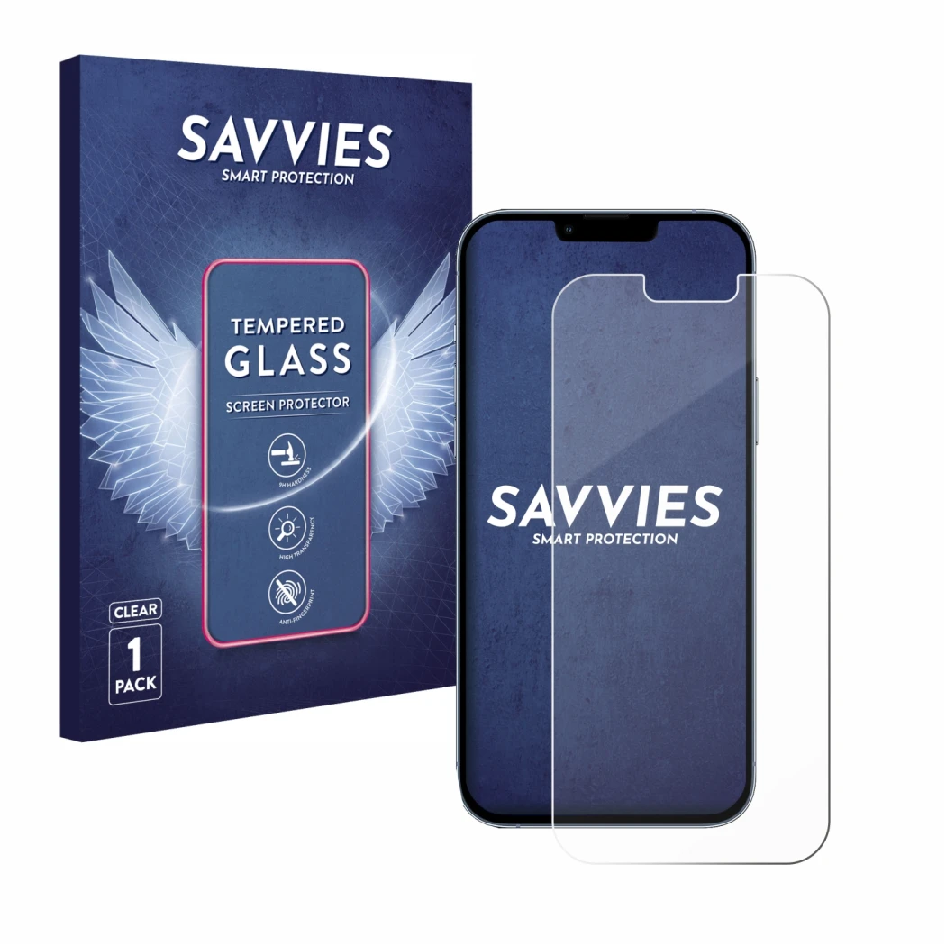 Vorderseite einer Produktverpackung mit dem Markenlogo Savvies. Daneben ist das Gerät Apple iPhone 13 Pro Max mit dem zugehöri
