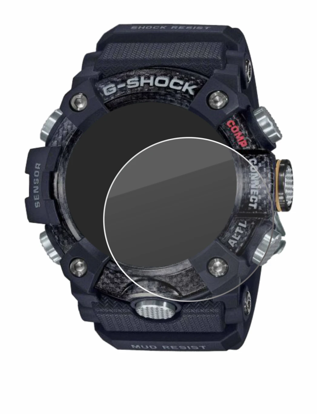 Abbildung des Geräts Casio G-Shock Mudmaster GG-B100-1AER mit einer Vielzahl des Displayschutzes.