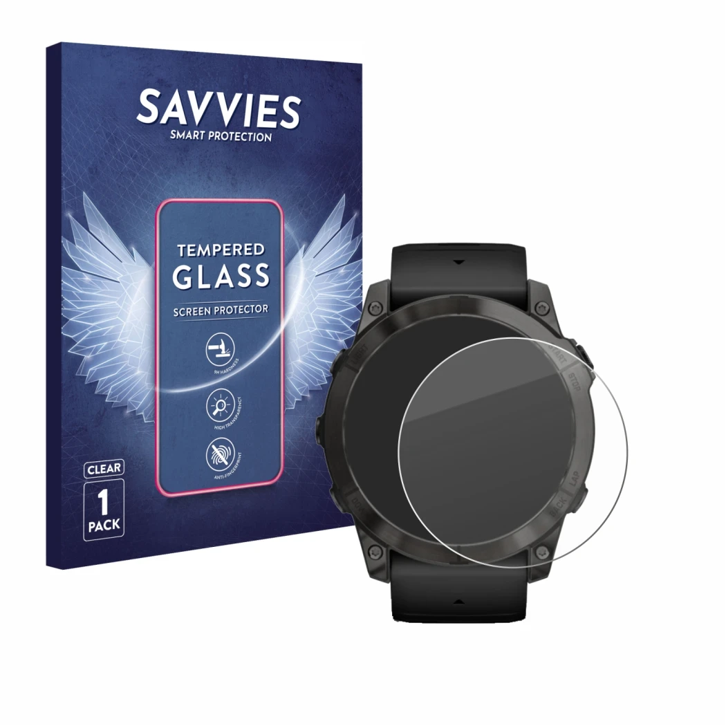 Vorderseite einer Produktverpackung mit dem Markenlogo Savvies. Daneben ist das Gerät Garmin Epix Pro (Gen 2) (51 mm) mit dem 