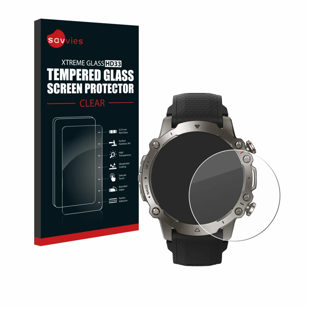 Vorderseite einer Produktverpackung mit dem Markenlogo Savvies. Daneben ist das Gerät Huami Amazfit Falcon mit dem zugehörigen