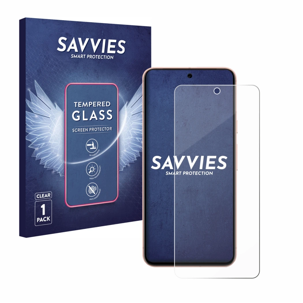 Vorderseite einer Produktverpackung mit dem Markenlogo Savvies. Daneben ist das Gerät Google Pixel 8 mit dem zugehörigen Displ