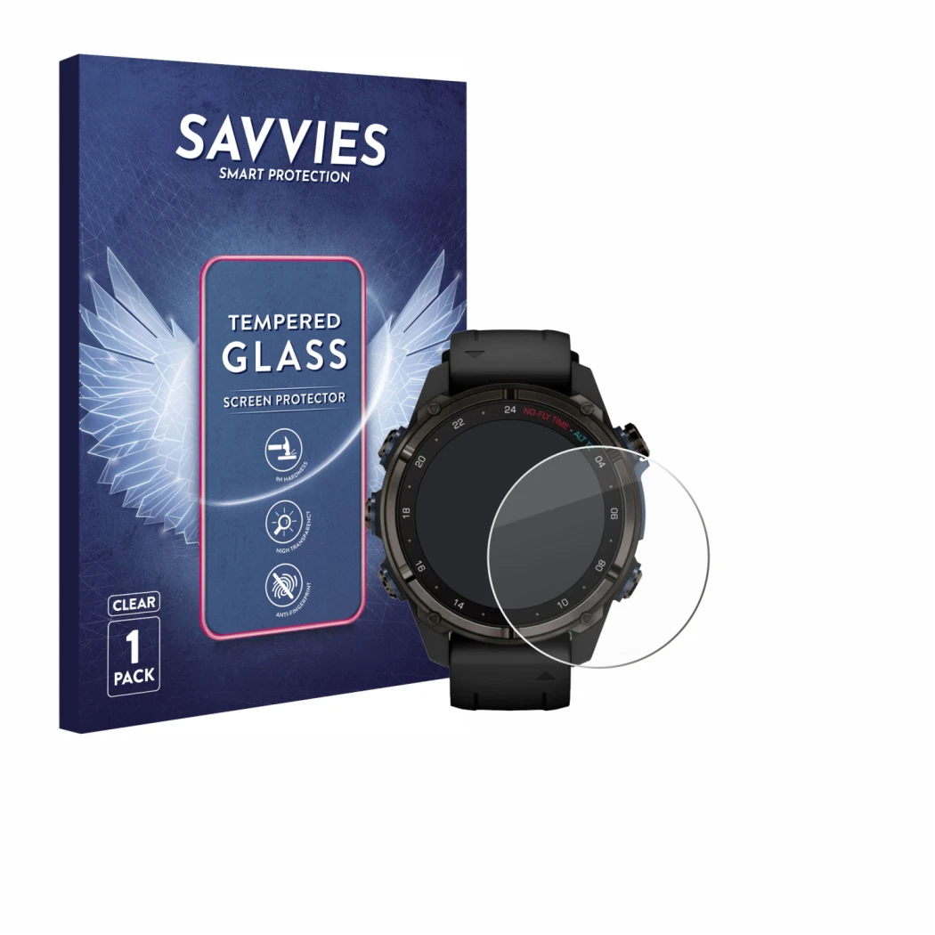 Vorderseite einer Produktverpackung mit dem Markenlogo Savvies. Daneben ist das Gerät Garmin Descent Mk3i (43 mm) mit dem zuge