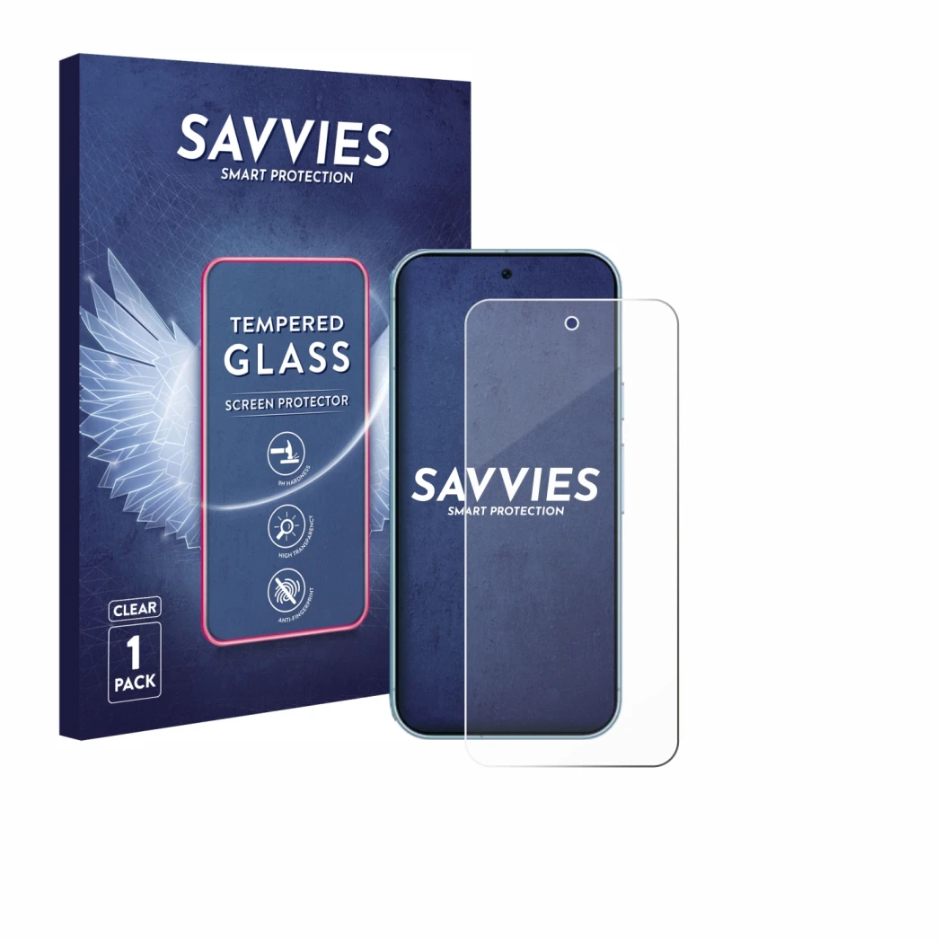Vorderseite einer Produktverpackung mit dem Markenlogo Savvies. Daneben ist das Gerät Google Pixel 9 Pro mit dem zugehörigen D