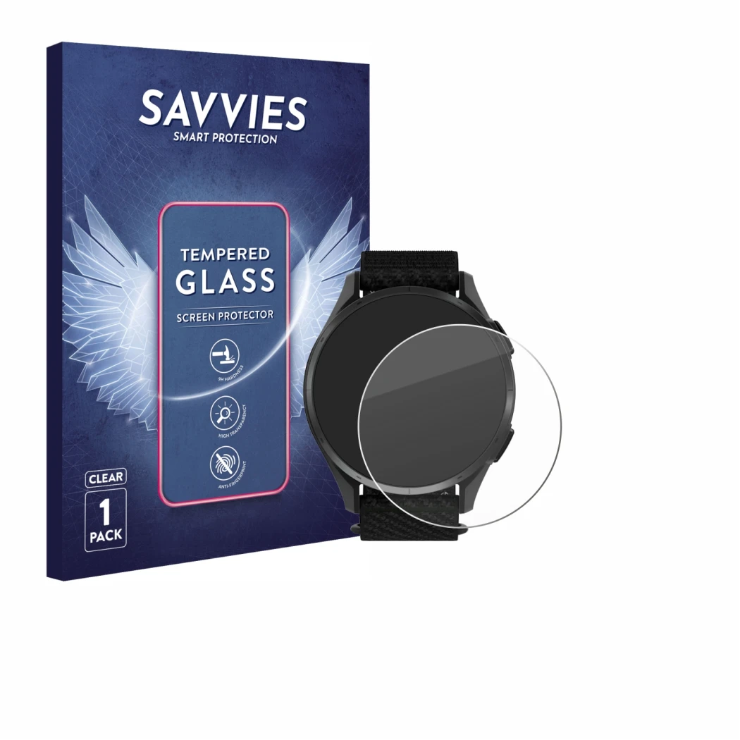 Vorderseite einer Produktverpackung mit dem Markenlogo Savvies. Daneben ist das Gerät Garmin Approach S50 mit dem zugehörigen 