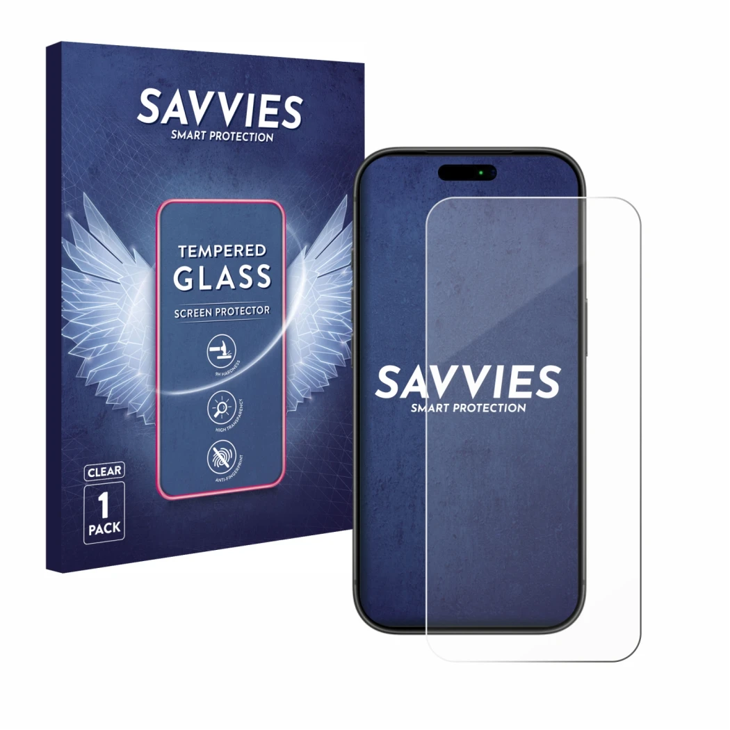 Vorderseite einer Produktverpackung mit dem Markenlogo Savvies. Daneben ist das Gerät Apple iPhone 17 Pro mit dem zugehörigen 