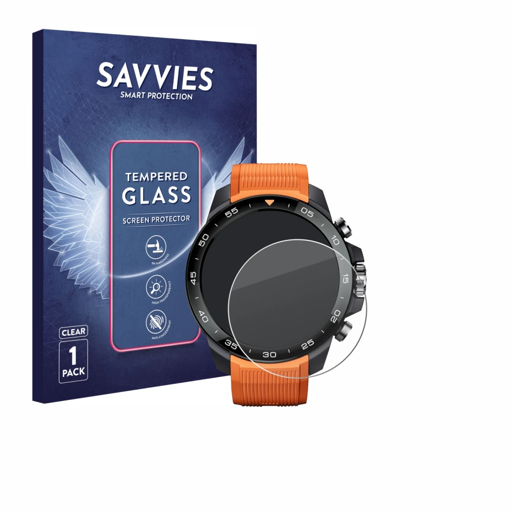 Vorderseite einer Produktverpackung mit dem Markenlogo Savvies. Daneben ist das Gerät Xiaomi Mibro GS Explorer S mit dem zugeh