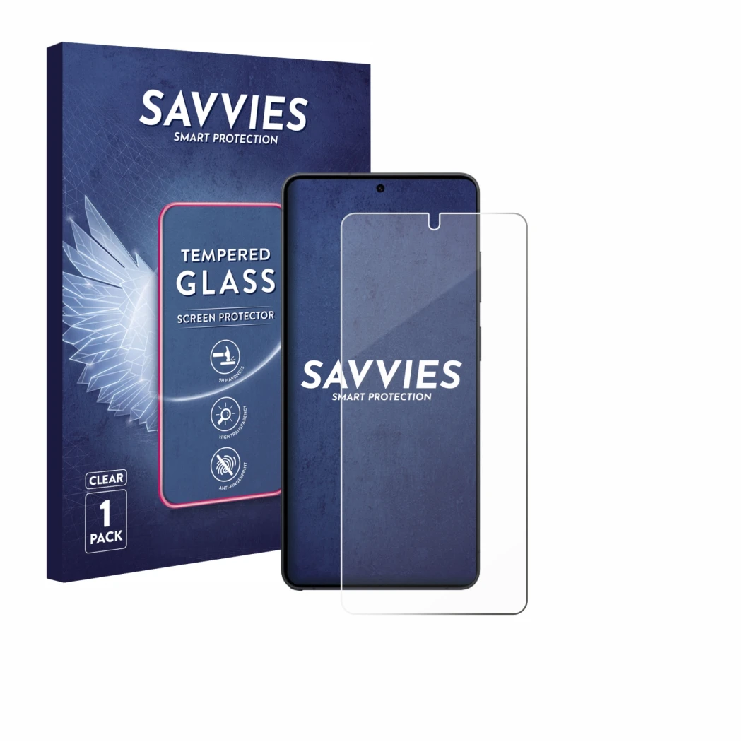 Vorderseite einer Produktverpackung mit dem Markenlogo Savvies. Daneben ist das Gerät Samsung Galaxy S26 Ultra mit dem zugehör