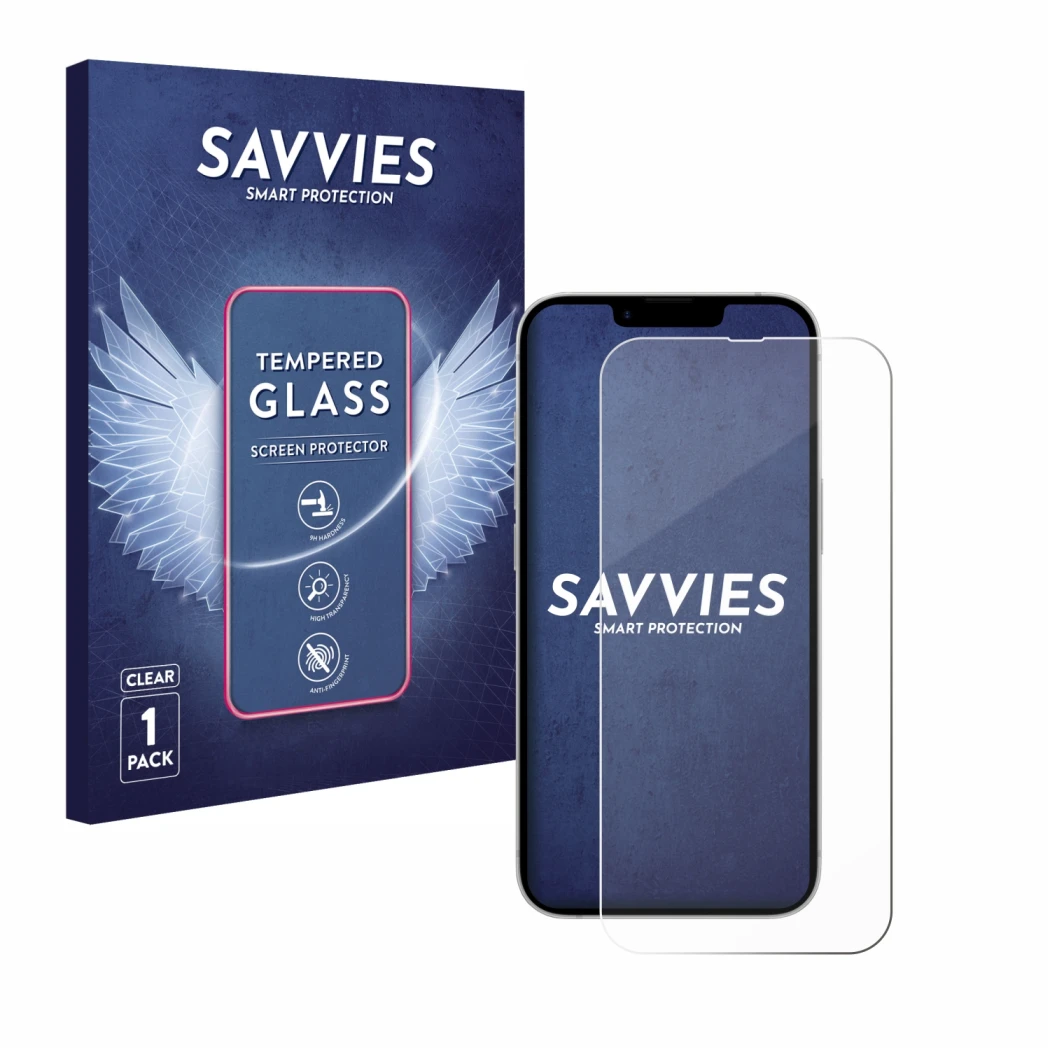 Vorderseite einer Produktverpackung mit dem Markenlogo Savvies. Daneben ist das Gerät Apple iPhone 17e mit dem zugehörigen Dis