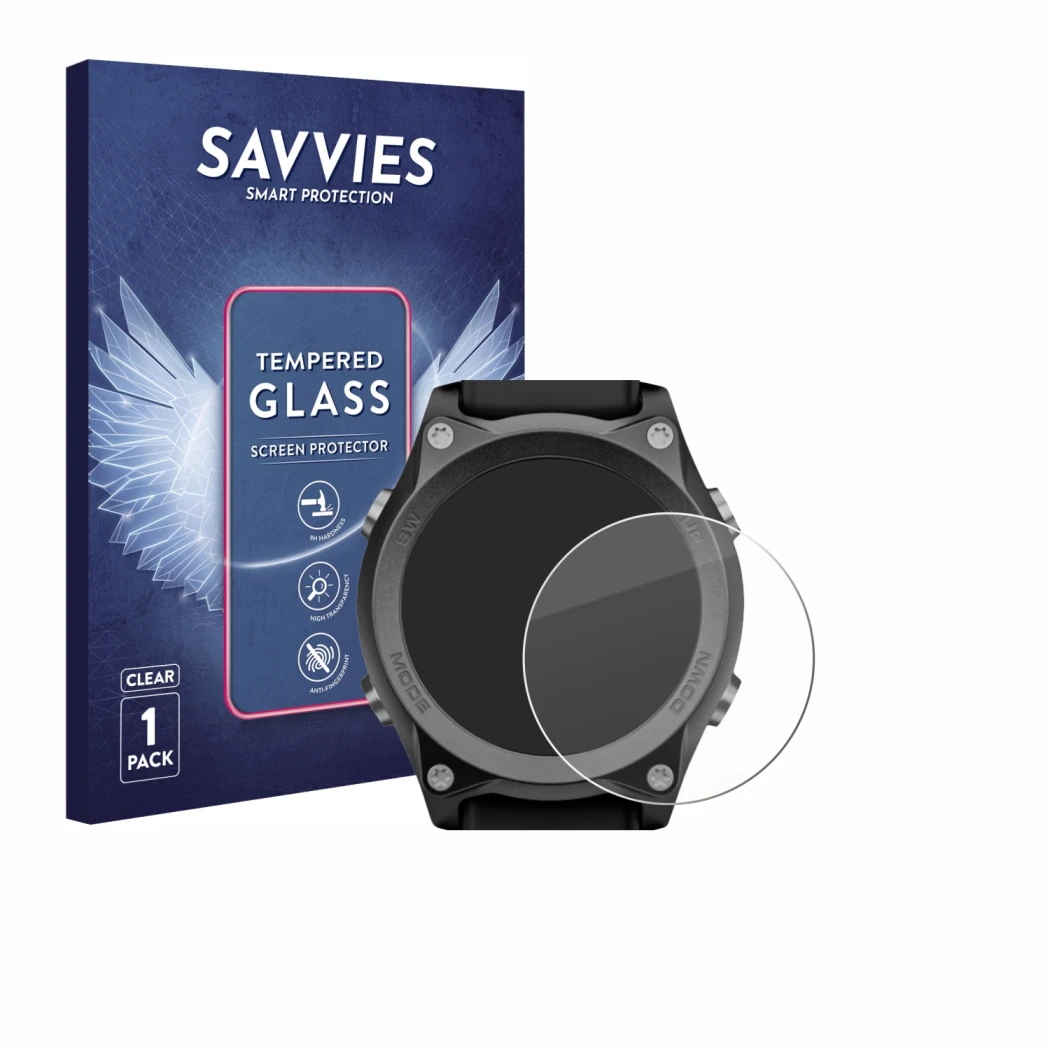 Vorderseite einer Produktverpackung mit dem Markenlogo Savvies. Daneben ist das Gerät Mares Sirius mit dem zugehörigen Display