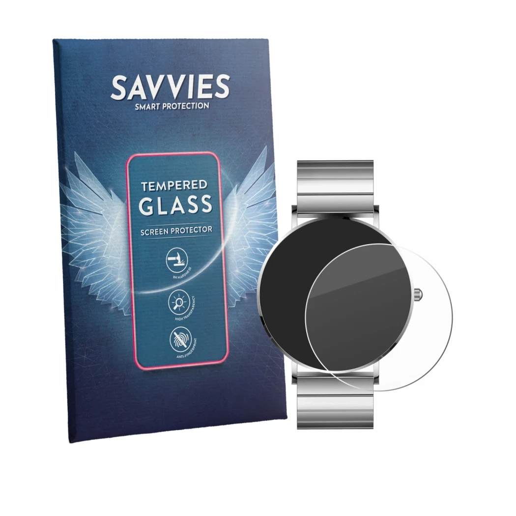 Vorderseite einer Produktverpackung mit dem Markenlogo Savvies. Daneben ist das Gerät Xcoast Minimalist Unisex Smartwatch mit 