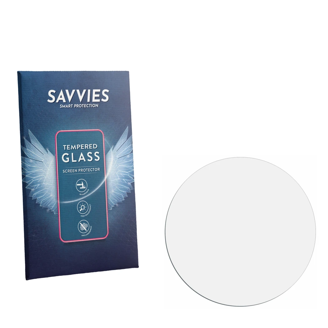 Vorderseite einer Produktverpackung mit dem Markenlogo Savvies. Daneben ist der zugehörige Displayschutz.