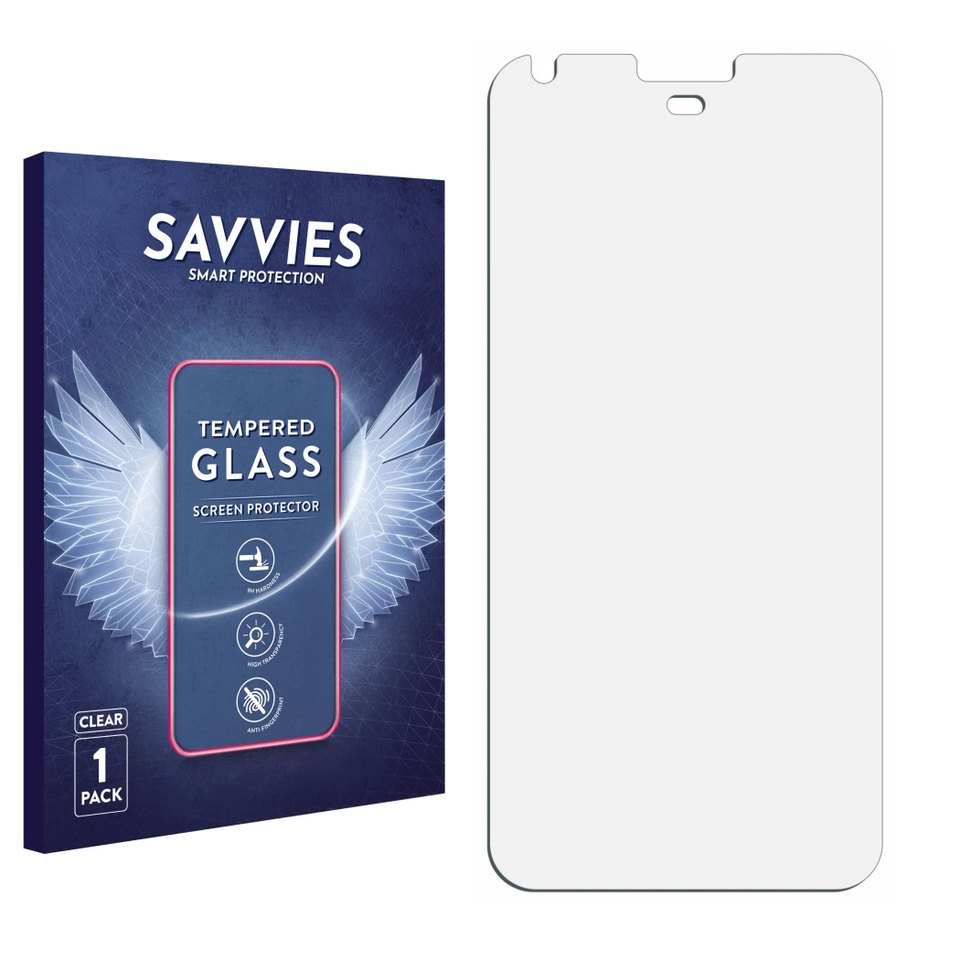 Vorderseite einer Produktverpackung mit dem Markenlogo Savvies. Daneben ist der zugehörige Displayschutz.