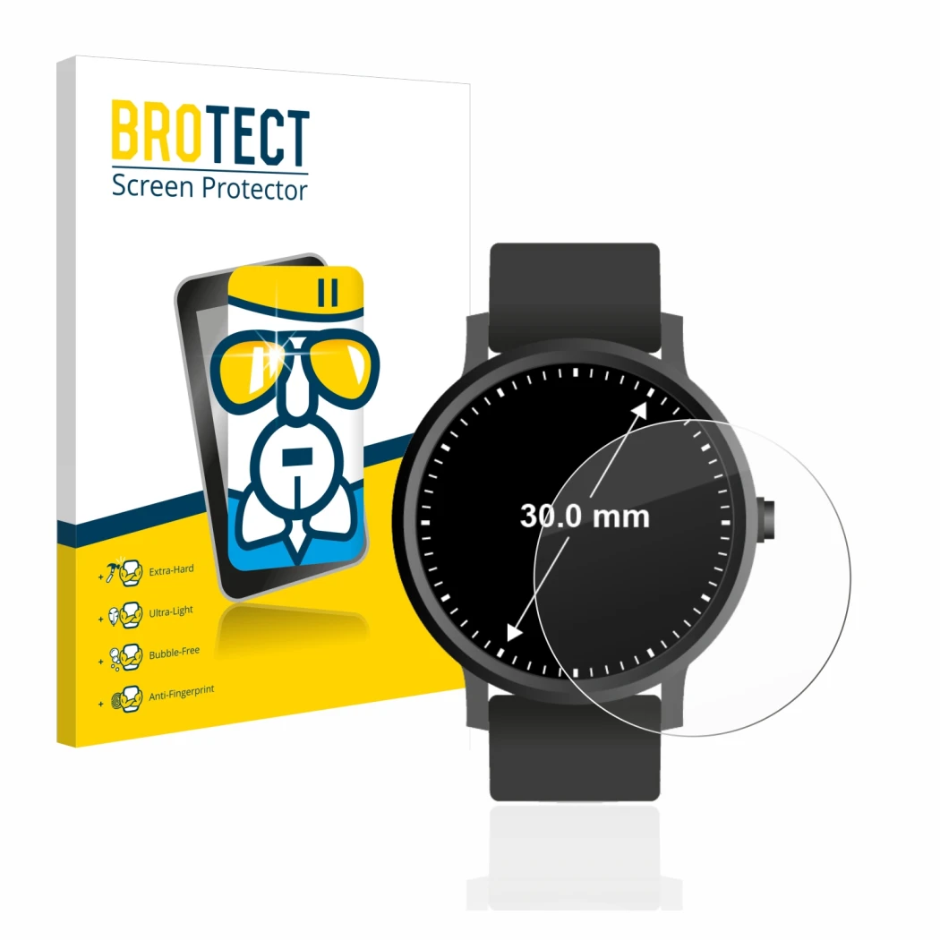 Vorderseite einer Produktverpackung mit dem Markenlogo BROTECT. Daneben ist das Gerät Armbanduhren (Kreisrund, ø: 30 mm) mit d